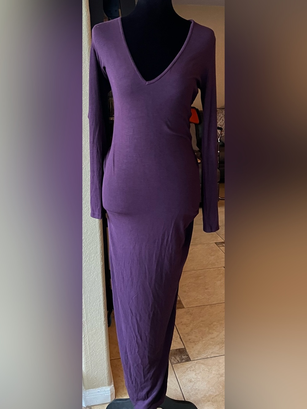 Deep Purple/ Plum V-Neck Long Sleeve Maxi Dress - Medium